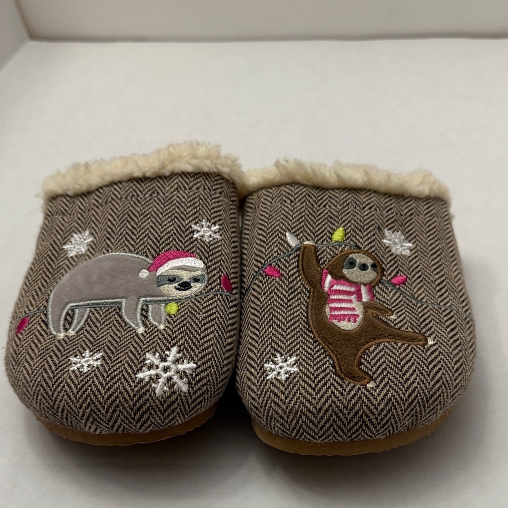 Lands' End Brown Slippers with Sloth Embroidery
